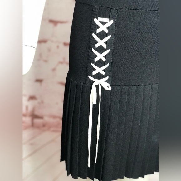 PARKER XS Kennedy Black Knit Pleated Skirt Drop Waist Lace Up Ties Tank Dress XS - Picture 7 of 16
